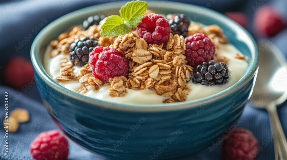 Granola And Berries. Yogurt with Baked Granola and Fresh Fruit in Small Breakfast Bowl Granola And Berries. Yogurt with Baked Granola and Fresh Fruit in Small Breakfast Bowl