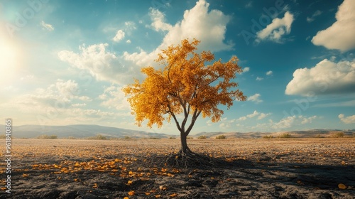 Tree with wilting leaves in a sun-scorched landscape, emphasizing the impact of higher temperatures on plant life and ecosystems. photo