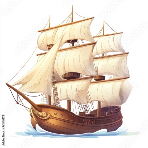 A detailed illustration of a classic wooden sailing ship with multiple sails billowing in the wind, ideal for nautical-themed designs, historical presentations