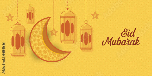 Eid Mubarak festival decorative greeting background with hanging moon, star and lantern
