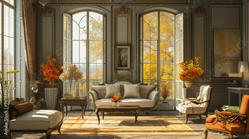 A grand living room bathed in natural light, featuring autumnal decor and large windows overlooking a fall landscape. The sophisticated design and warm colors create a luxurious and inviting