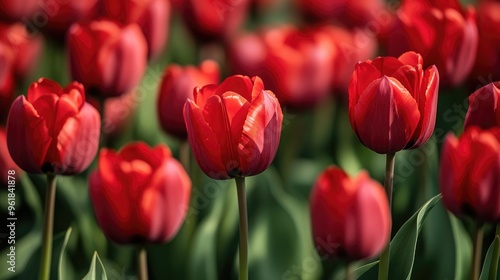 Vibrant red tulips in full bloom against a soft background, capturing their rich color and delicate petals in a close-up shot.