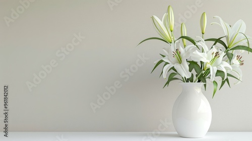 Lily flower arrangement mockup on white table with copyspace.