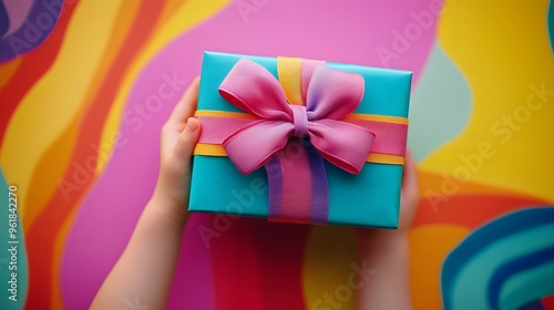 Child’s Hand Holding a Colorful Gift Box: A small hand grasping a brightly colored gift box with a large bow, set against a playful, kid-friendly background. 
