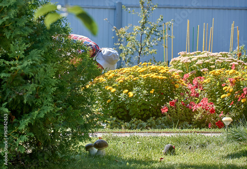 An elderly woman takes care of flowers in the garden