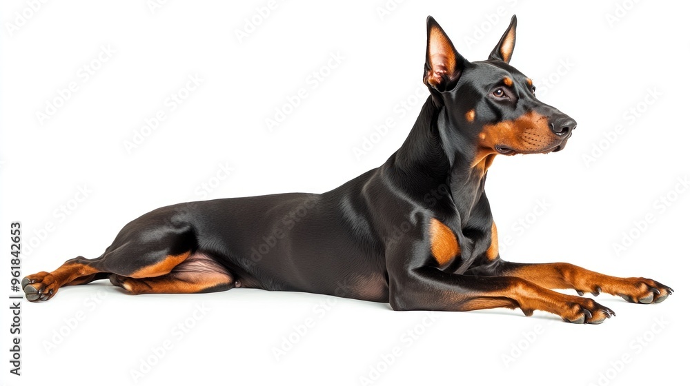 A sleek Doberman lying down, showcasing its muscular build and alert expression. A sleek Doberman lying down, showcasing its muscular build and alert expression.