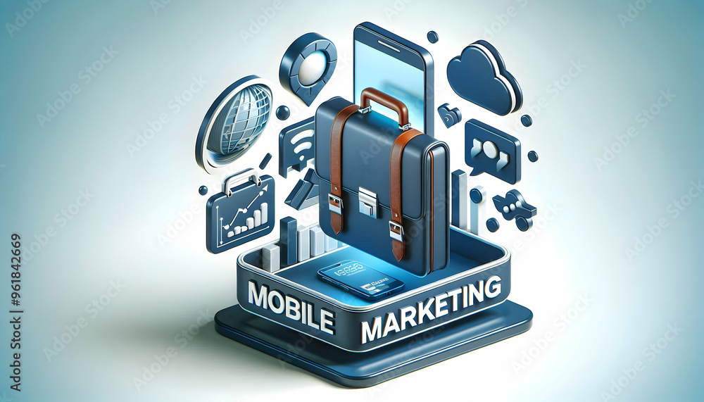 3D Floating Briefcase and Smartphone Icon with Mobile Marketing Text - Isolated Vector Design Representing Modern Marketing Strategies on White Background 3D Floating Briefcase and Smartphone Icon with Mobile Marketing Text - Isolated Vector Design Representing Modern Marketing Strategies on White Background