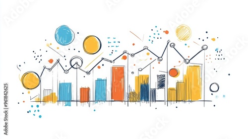 Minimalist Business Graph Illustration with Clean Doodle Design Featuring Line Graphs and Data Points