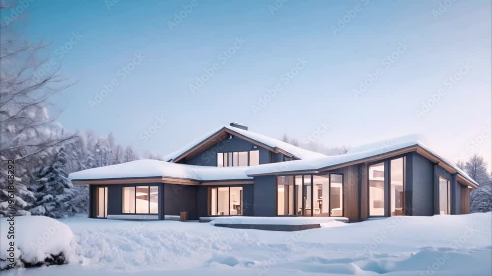 Modern new home covered in fresh winter snow Modern new home covered in fresh winter snow