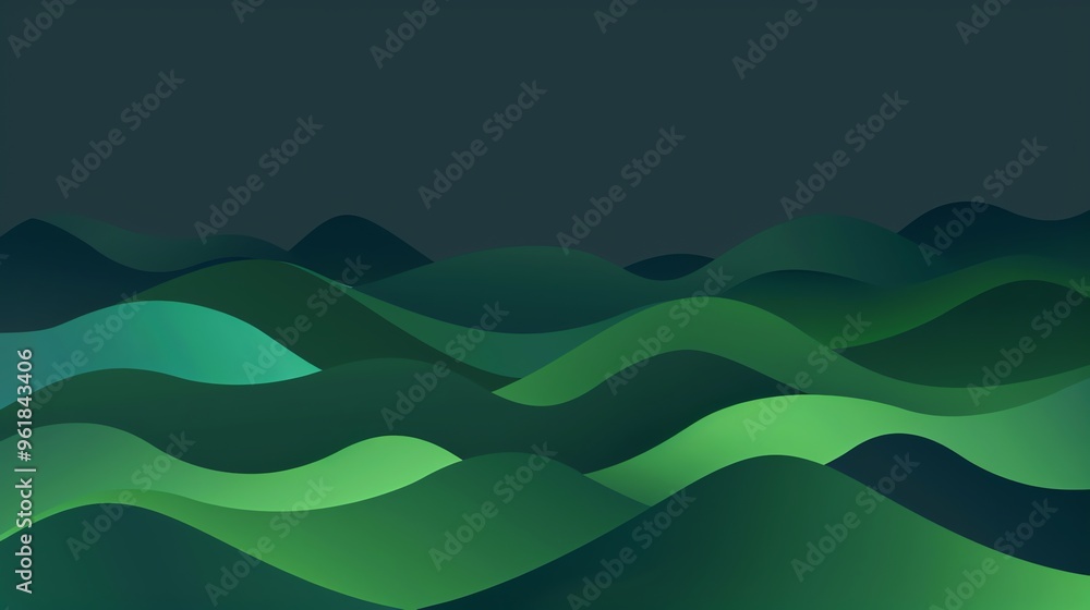 Fototapeta premium Abstract green vector wave design with blue ocean and mountain backdrop