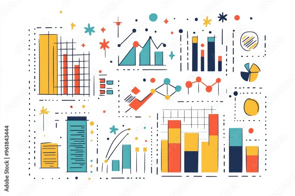 Fototapeta premium Minimalist Business Graph Illustration with Clean Doodle Design Featuring Line Graphs and Data Points