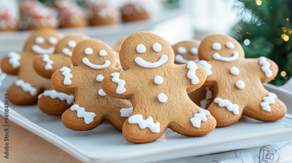 A plate of gingerbread men with white icing on a tray, AI A plate of gingerbread men with white icing on a tray, AI