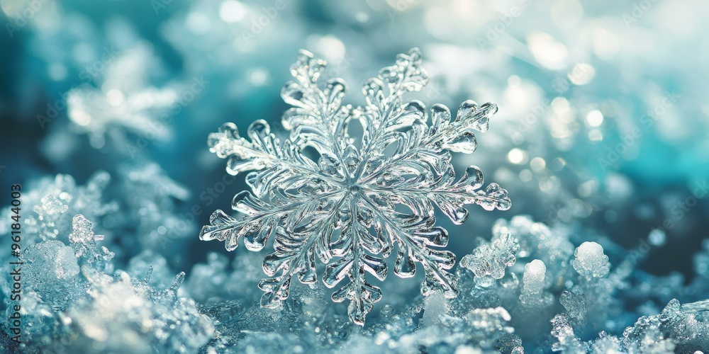 A crystal snowflake on a bed of ice. A crystal snowflake on a bed of ice.
