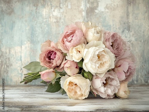 Charming Shabby Chic Farmhouse Style Bouquet, Blending Soft Roses and Peonies on a Distressed Background with Blush and Cream Tones. Vintage and Rustic Floral Arrangement.