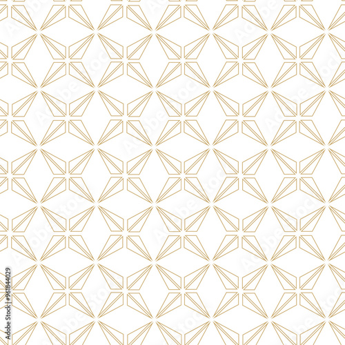 Abstract geometric pattern with crosses, stripes, lines. Seamless vector background. White and gold ornament. Modern reticulated graphic design.