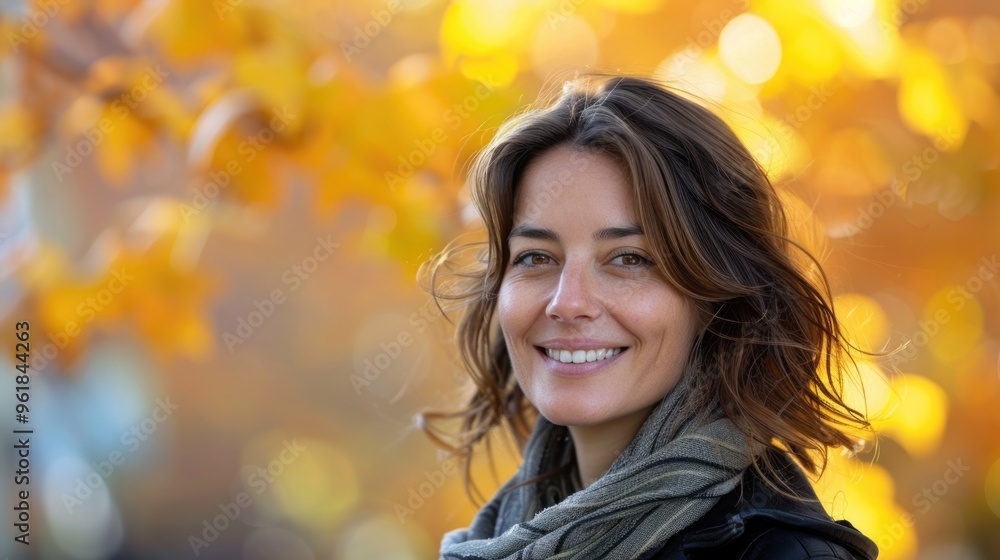 A woman with brown hair and a scarf is smiling A woman with brown hair and a scarf is smiling