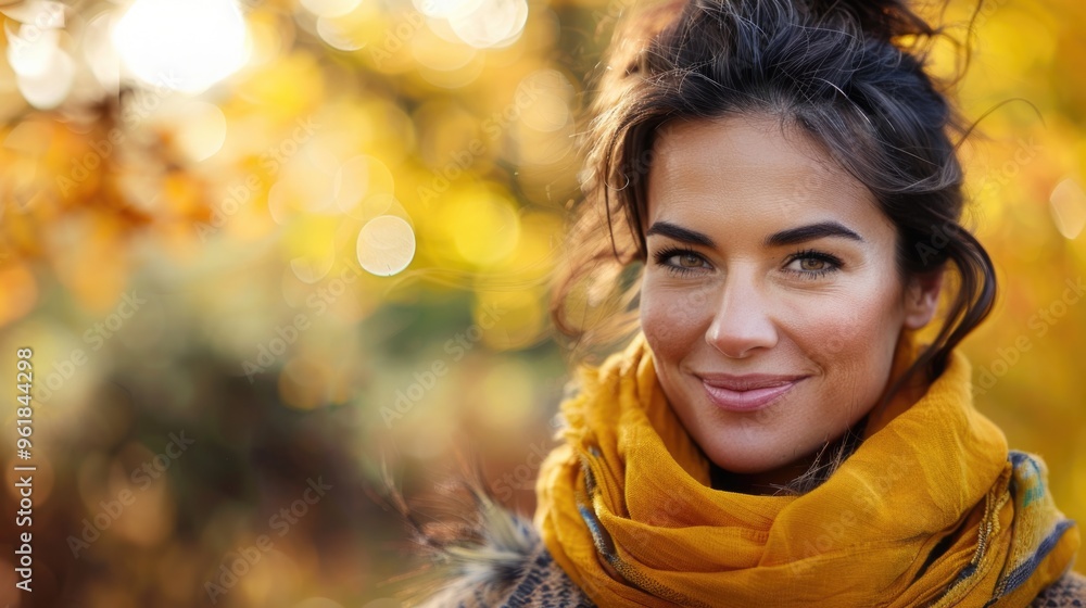 A woman with a yellow scarf is smiling and looking at the camera A woman with a yellow scarf is smiling and looking at the camera