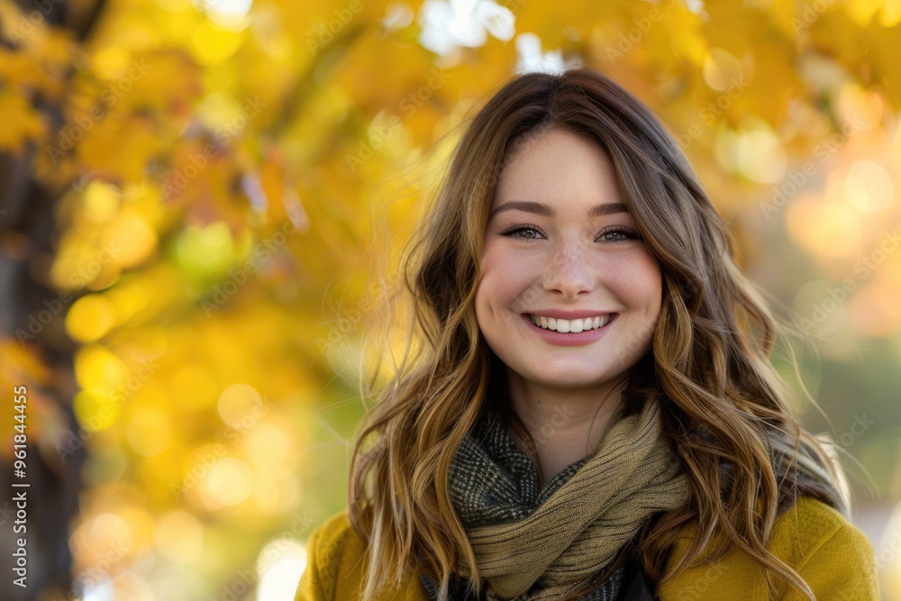 A woman with long brown hair and a yellow scarf is smiling A woman with long brown hair and a yellow scarf is smiling