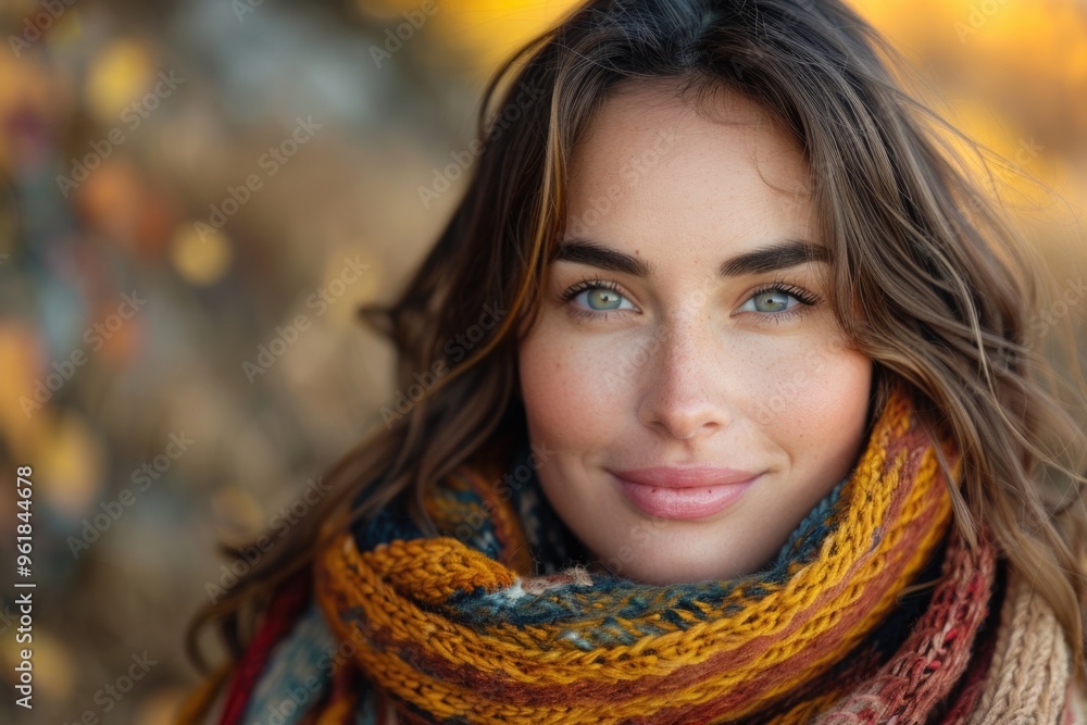 A woman with long brown hair and blue eyes is wearing a colorful scarf A woman with long brown hair and blue eyes is wearing a colorful scarf