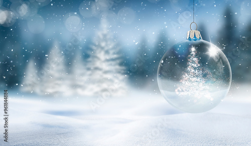 Weihnachtskarte mit Gläserner Weihanchtskugel, und Schneeflocken vor unscharf...