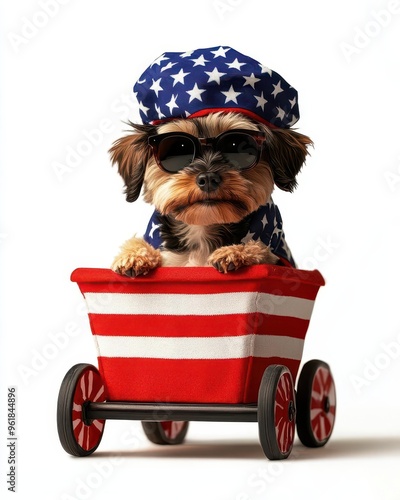 A small dog in a patriotic wagon, realistic 3D render, isolated on white background photo