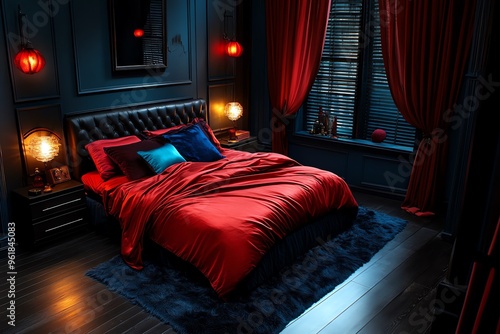 Spooky bedroom, heavy drapes, dark fabrics keep the room in perpetual twilight, day and night photo