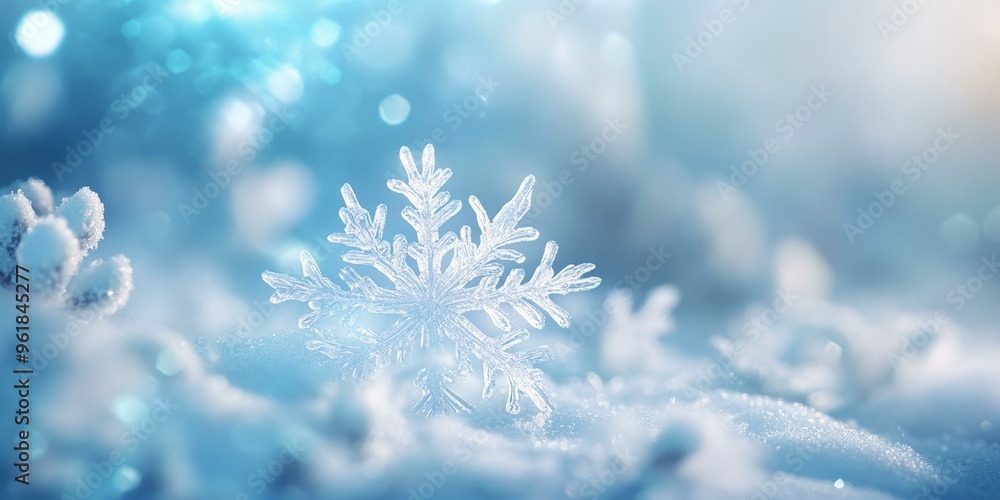 A delicate snowflake rests in a winter wonderland. A delicate snowflake rests in a winter wonderland.