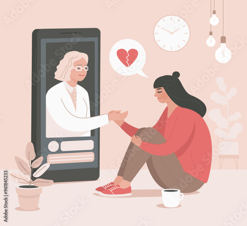 Online psychological help and support service. psychologist and her patient having video call. Online psychotherapy concept. Remote consultation. Mental health care. Flat vector illustration