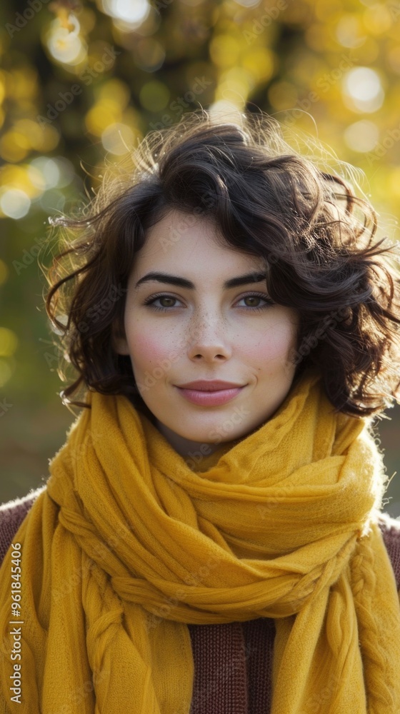 A woman with a yellow scarf is smiling A woman with a yellow scarf is smiling
