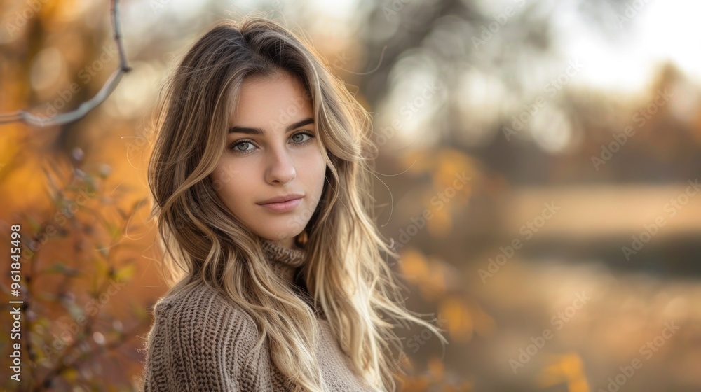 A woman with long blonde hair is wearing a brown sweater and standing in a field A woman with long blonde hair is wearing a brown sweater and standing in a field