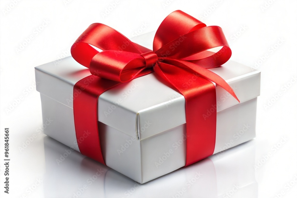 Fototapeta premium White gift box with red ribbon on bright background for celebration
