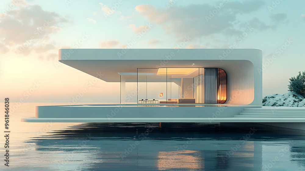 Fototapeta premium Minimalist Modern House on the Water 3D Illustration