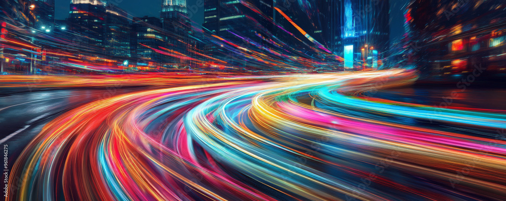 Curved, multicolored light trails in a rainbow palette sweeping across a cityscape at dusk, leaving traces of vibrant motion. Curved, multicolored light trails in a rainbow palette sweeping across a cityscape at dusk, leaving traces of vibrant motion.