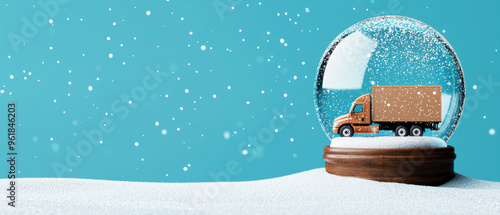 Cyber Monday deals reflected in a snow globe, featuring a delivery truck in motion Cyber Monday  snow globe, holiday deals and fast delivery