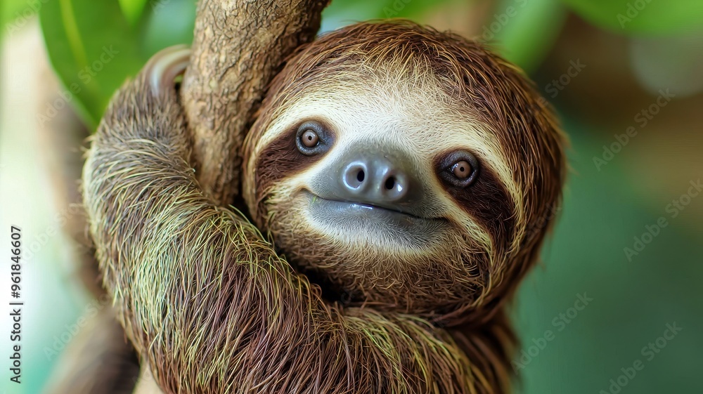 Naklejka premium A cute sloth hanging on a tree branch, showcasing its charming face and expressive eyes in a lush green environment.