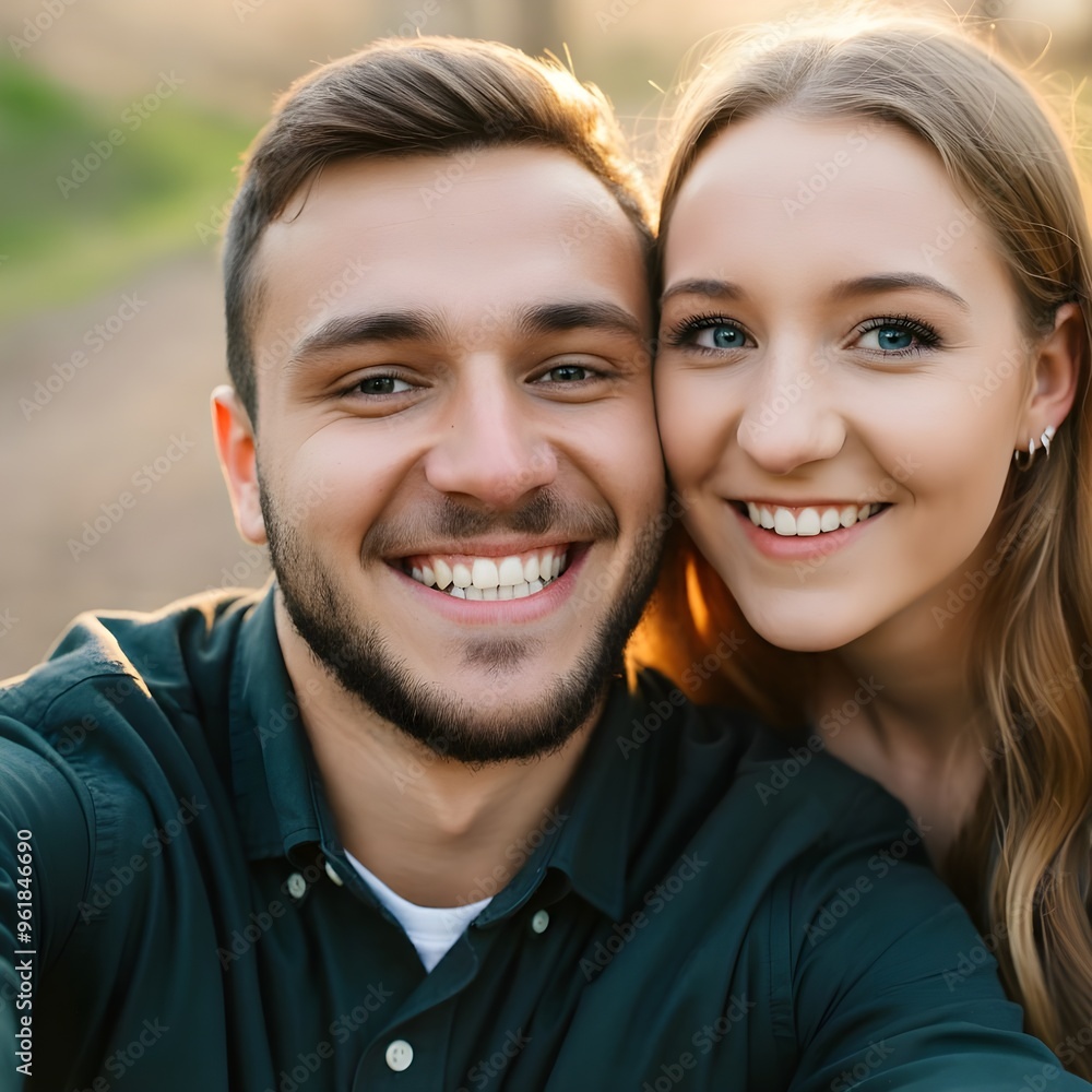 Happy young man and woman posing together Happy young man and woman posing together