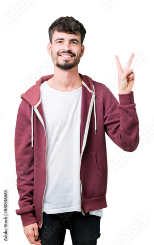 Young handsome man over isolated background showing and pointing up with fingers number two while smiling confident and happy.