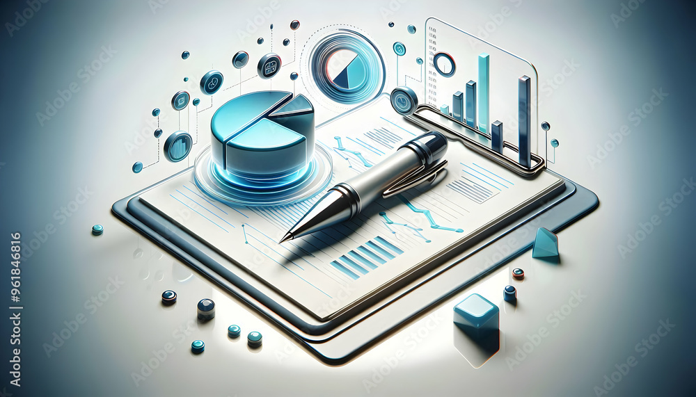 3D Glossy Pen and Paper on Desk with Floating Holographic Marketing Strategy Elements and Pie Chart - Ideal for Strategic Marketing Content on White Background 3D Glossy Pen and Paper on Desk with Floating Holographic Marketing Strategy Elements and Pie Chart - Ideal for Strategic Marketing Content on White Background