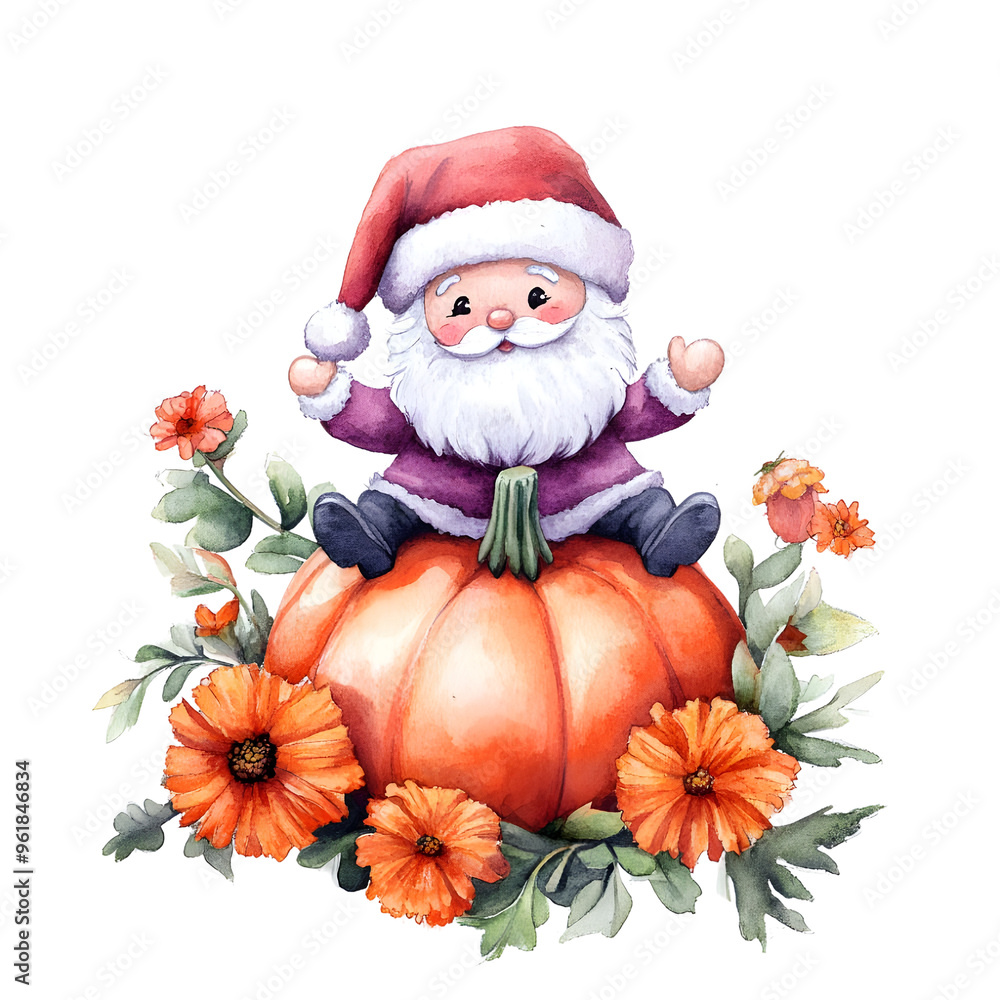 A Cute chubby santaclaus riding Marigold flower clipart, watercolor clipart, isolated on white background. A Cute chubby santaclaus riding Marigold flower clipart, watercolor clipart, isolated on white background.