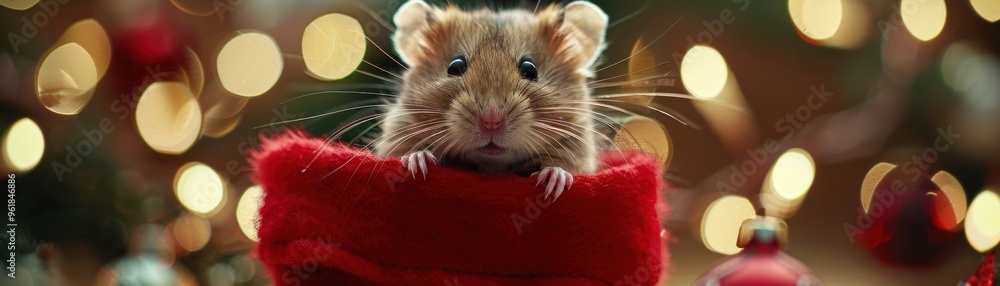 Cute hamster peeking out of a red stocking with festive holiday lights in the background, capturing the essence of Christmas spirit. Cute hamster peeking out of a red stocking with festive holiday lights in the background, capturing the essence of Christmas spirit.