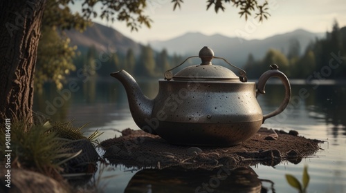 vintage teapot in a campsite near the lake photo