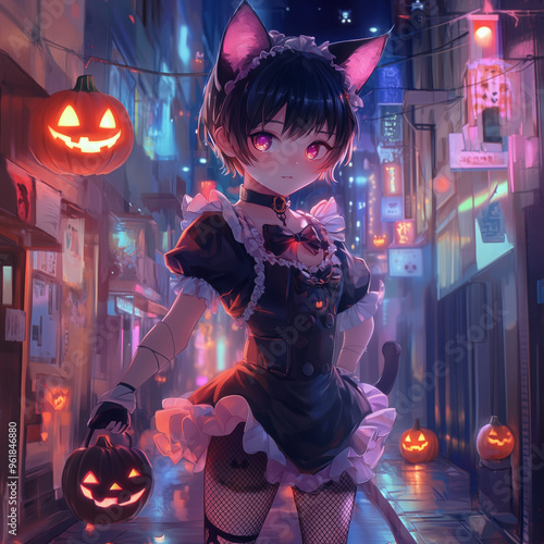 cute boy in cat costume with jack-o'-lantern photo