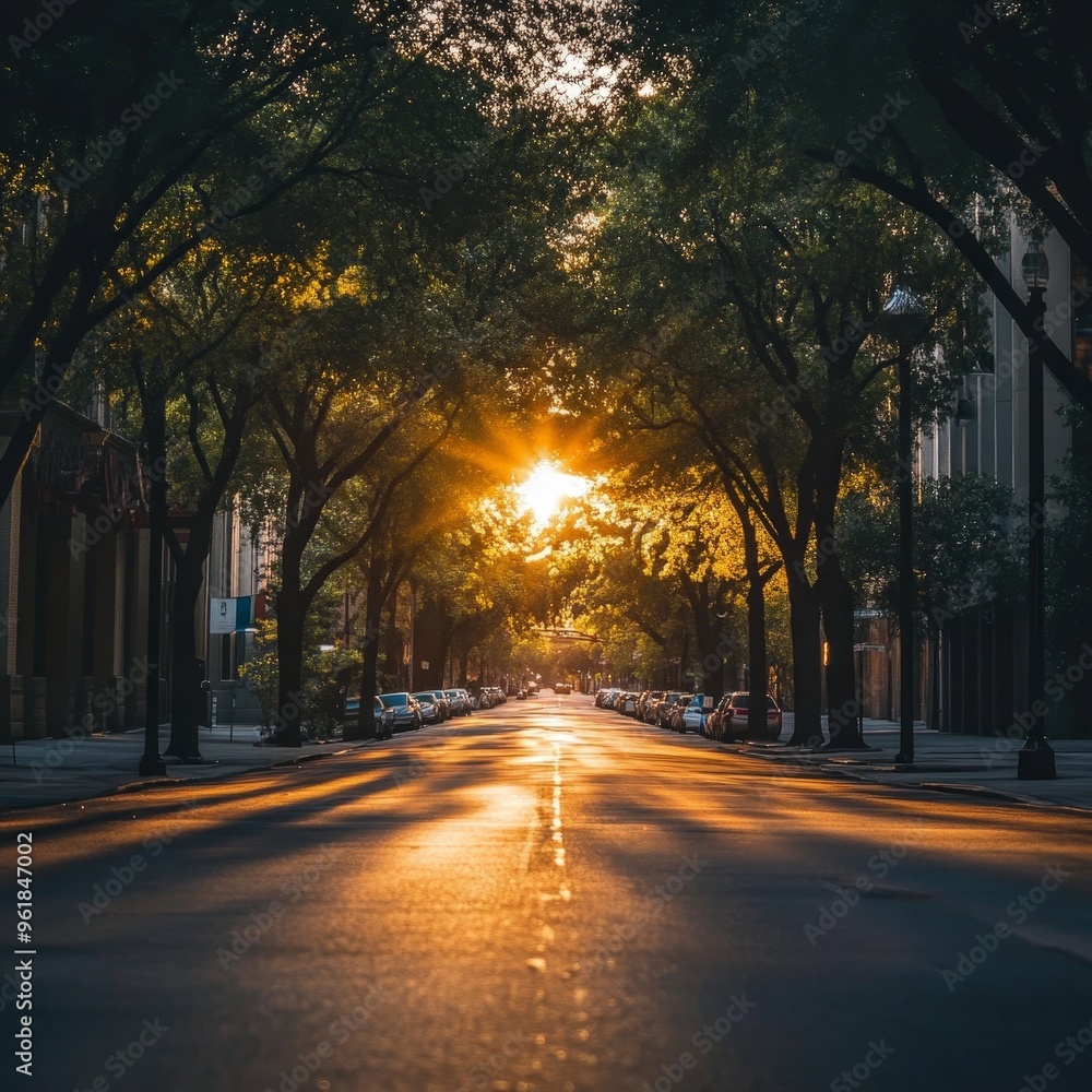 Tranquil Golden Hour: Empty Streets Bathed in Warm Light