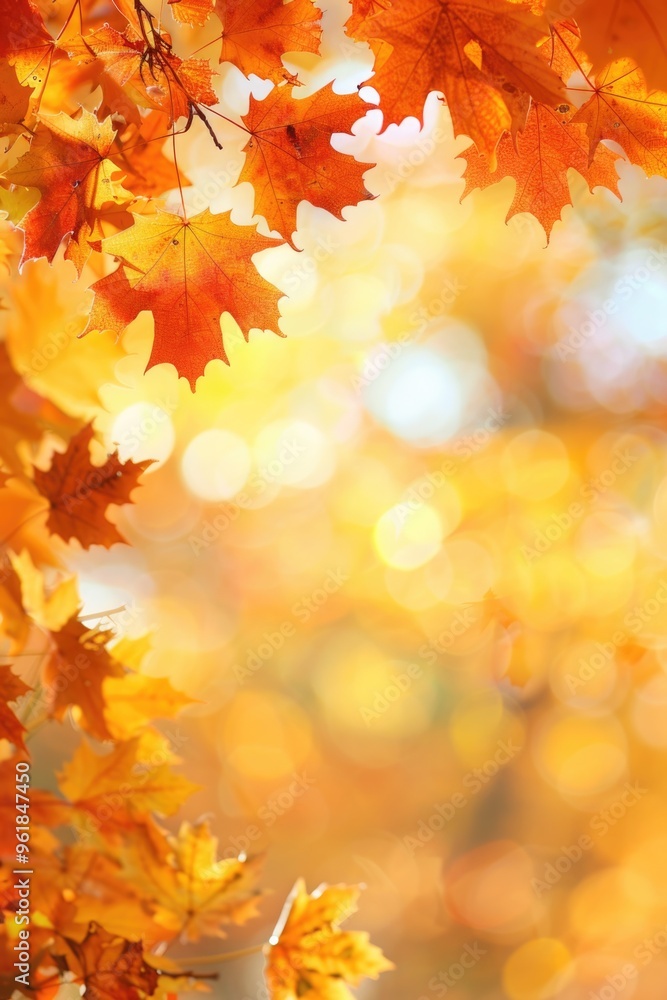 A close up of autumn leaves with a yellow background A close up of autumn leaves with a yellow background