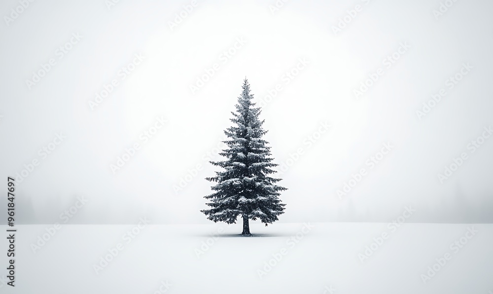 Fototapeta premium A Lone Pine Tree Stands Tall in a Snowy Field