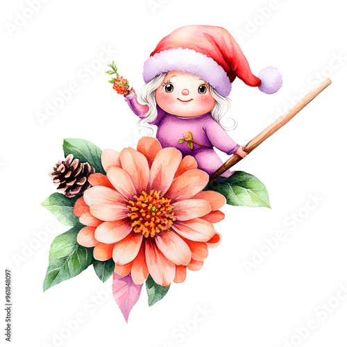 Watercolor Christmas clipart, A chubby santy girl riding Zinnia flower clipart, watercolor clipart, isolated on white background. photo