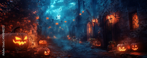 A Halloween alleyway with flickering lanterns, glowing pumpkins, and dark shadows creeping in the corners.