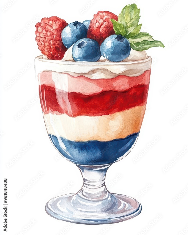 A layered mousse dessert with red, white, and blue flavors, elegant presentation, isolated on white background A layered mousse dessert with red, white, and blue flavors, elegant presentation, isolated on white background