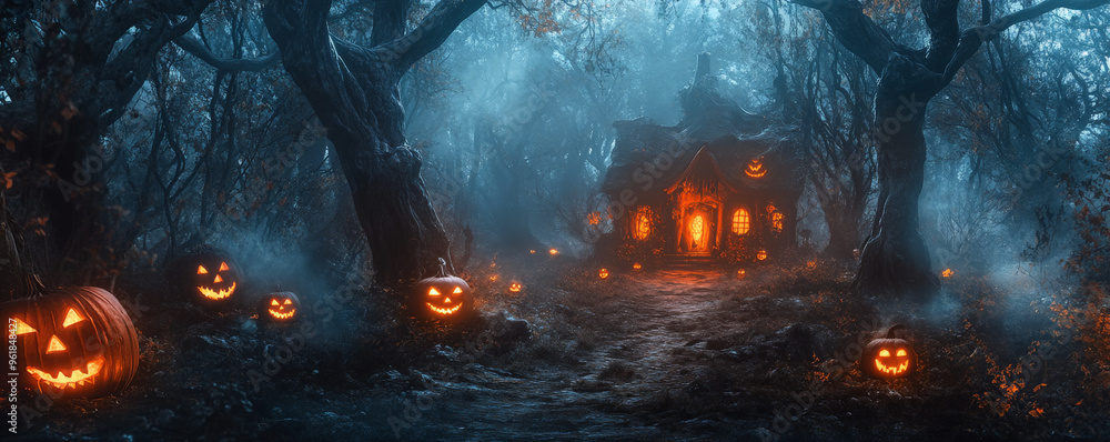A Halloween forest path leading to a glowing witch's cottage, with fog swirling around jack-o'-lanterns and crooked trees. A Halloween forest path leading to a glowing witch's cottage, with fog swirling around jack-o'-lanterns and crooked trees.