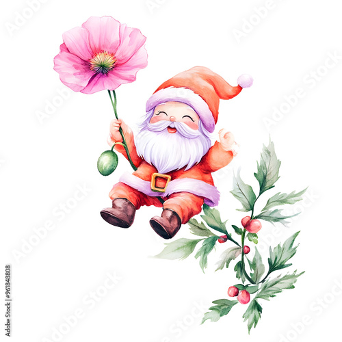 Watercolor Christmas clipart, santy girl riding Poppy flower clipart, watercolor clipart, isolated on white background. photo